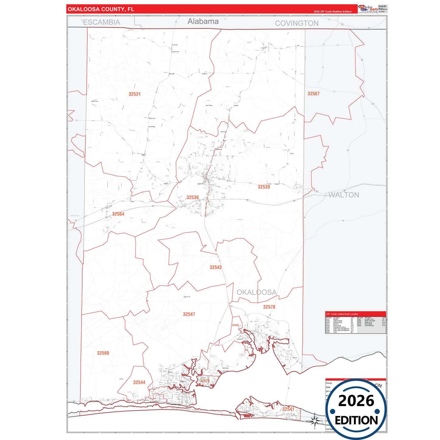 Okaloosa County, FL Red Line 5 Digit ZIP Code Wall Map