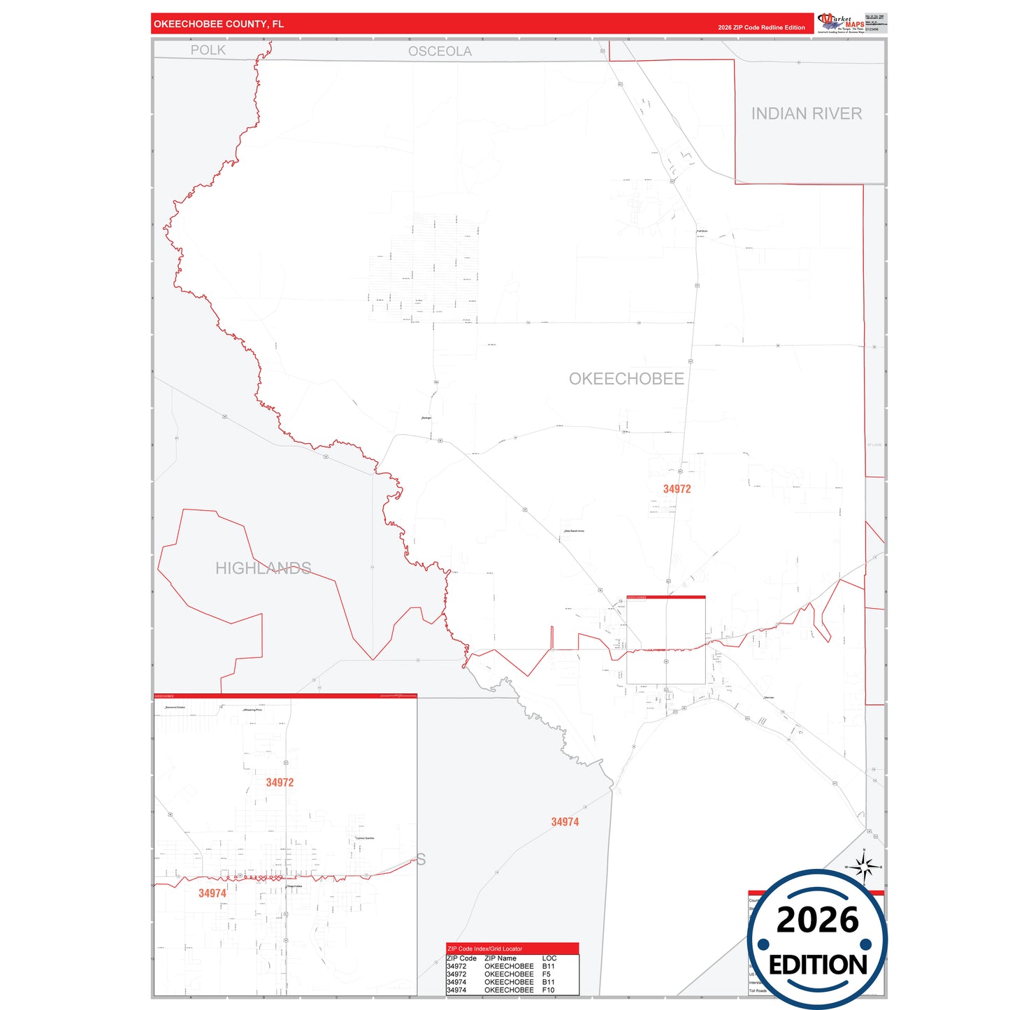 Okeechobee County, FL Red Line 5 Digit ZIP Code Wall Map