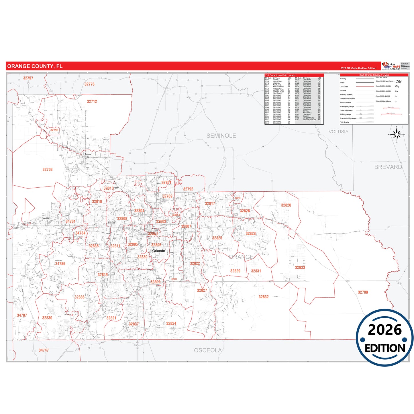 Orange County, FL Red Line 5 Digit ZIP Code Wall Map