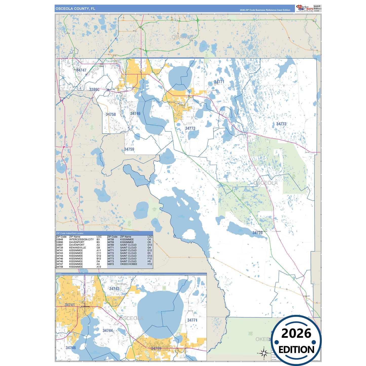 Osceola County, FL Business Reference map with detailed roads, cities, and ZIP code boundaries.