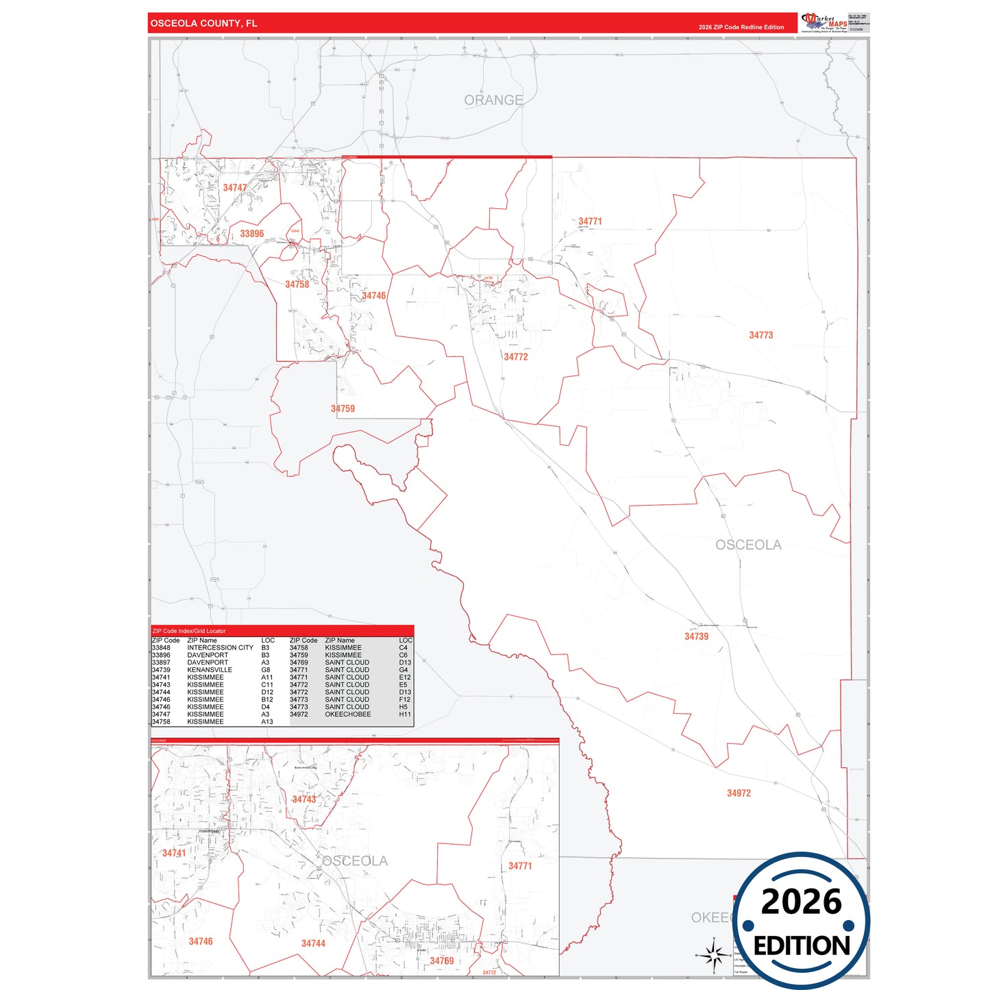 Osceola County, FL Red Line 5 Digit ZIP Code Wall Map