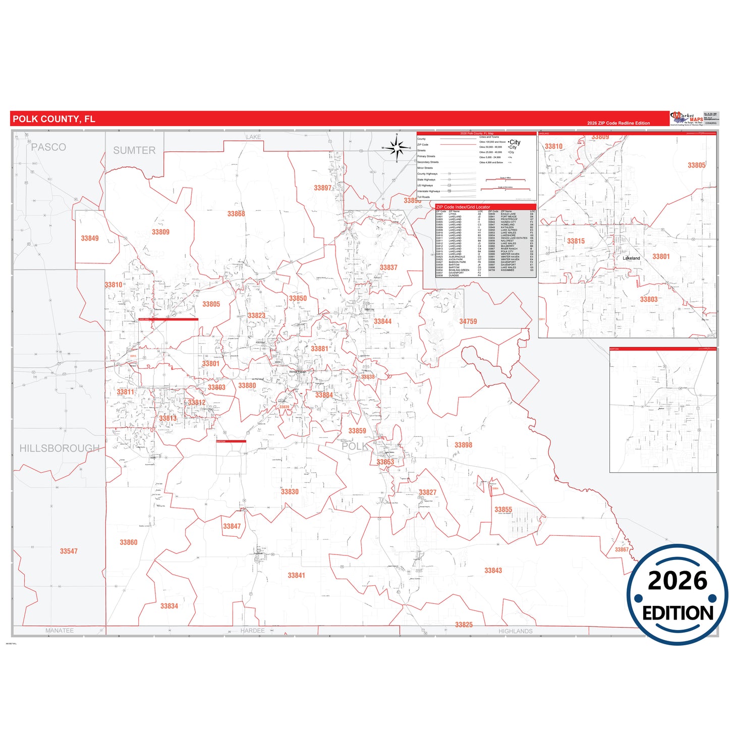 Polk County, FL Red Line 5 Digit ZIP Code Wall Map
