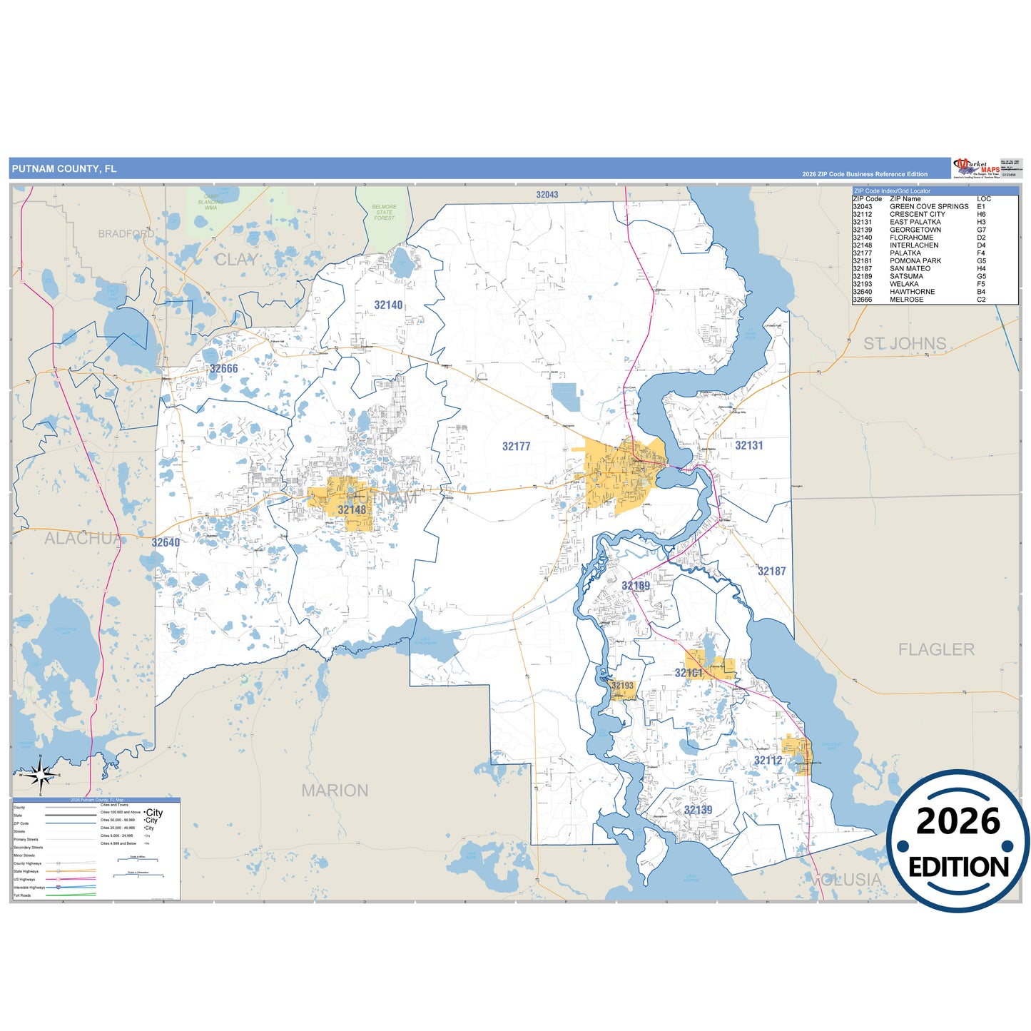 Putnam County, FL Business Reference 5 Digit ZIP Code Wall Map