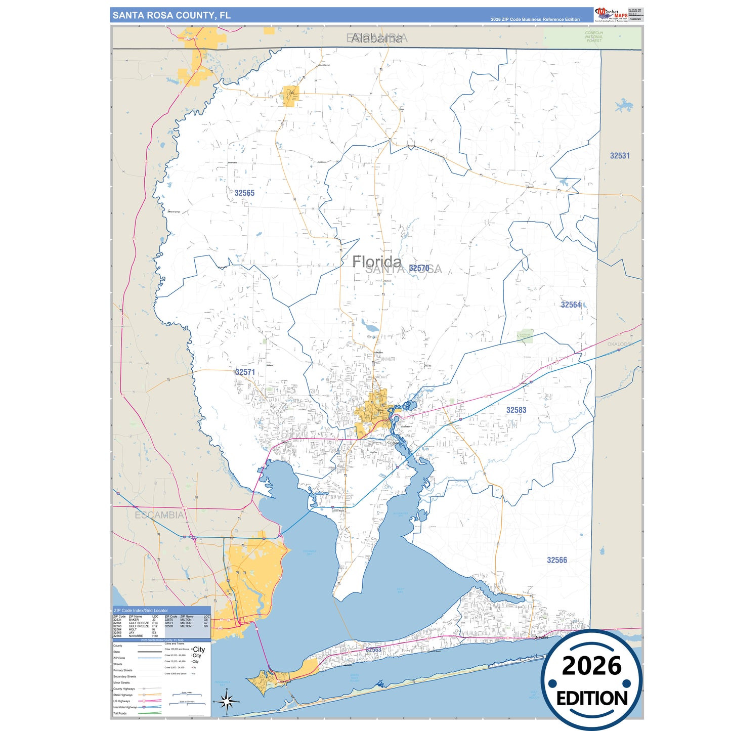 Santa Rosa County, FL Business Reference 5 Digit ZIP Code Wall Map