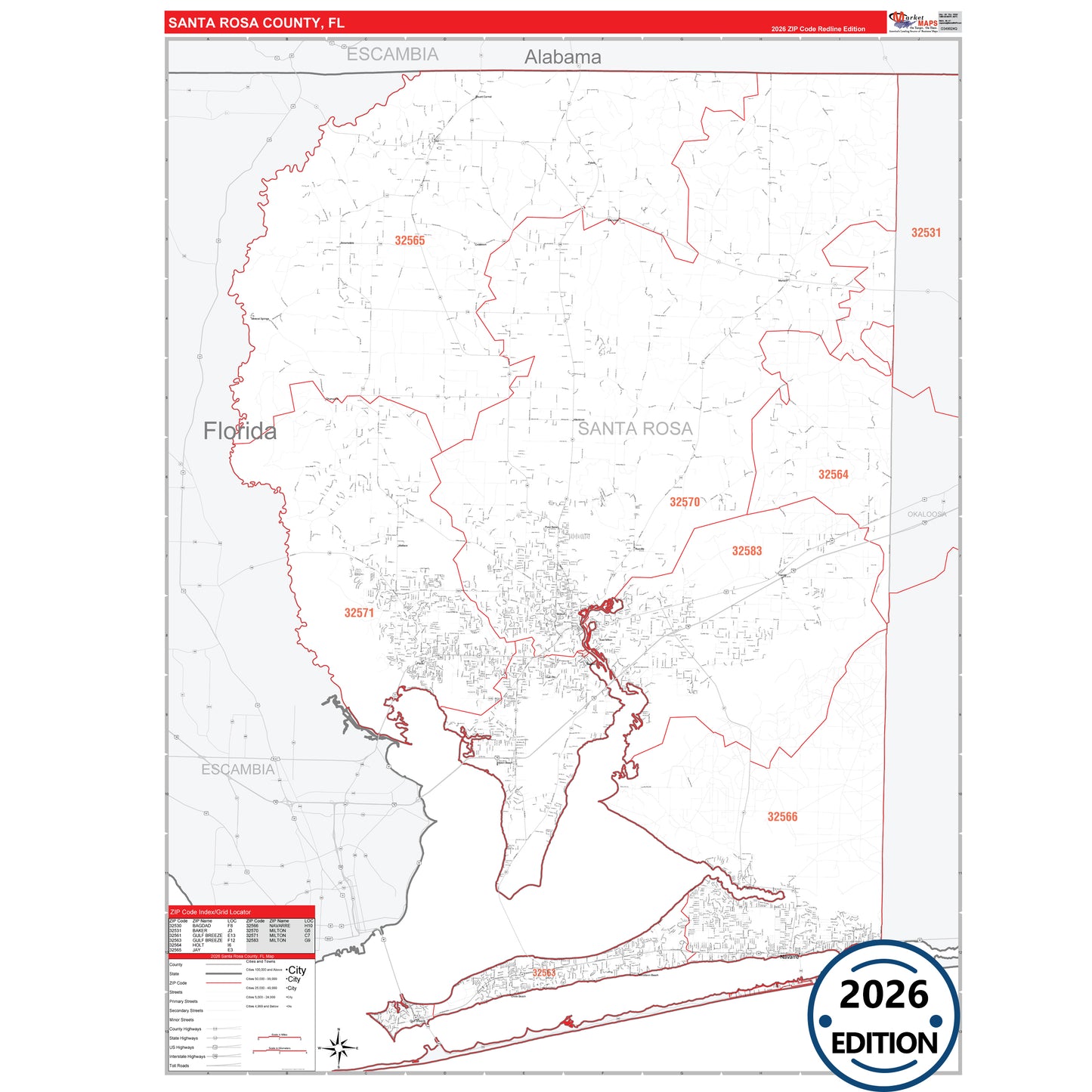 Santa Rosa County, FL Red Line 5 Digit ZIP Code Wall Map