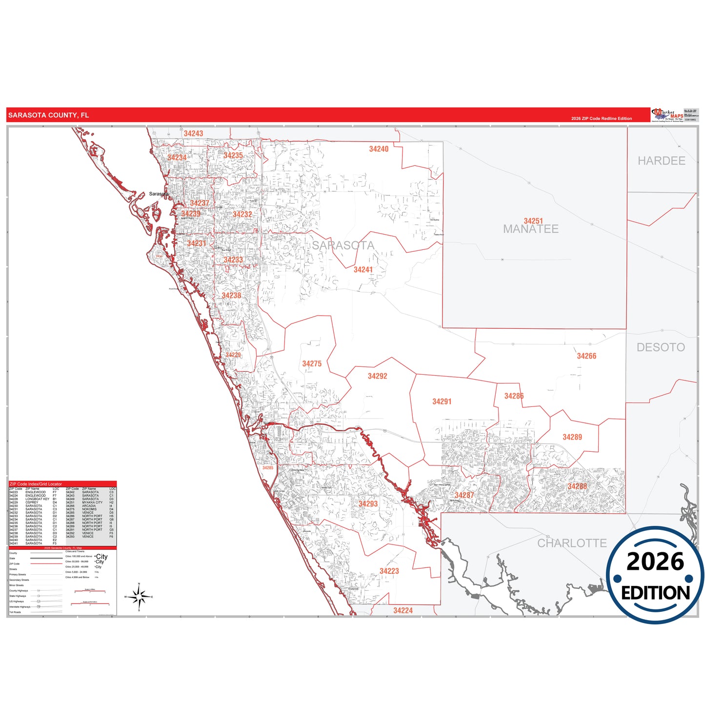 Sarasota County, FL Red Line 5 Digit ZIP Code Wall Map