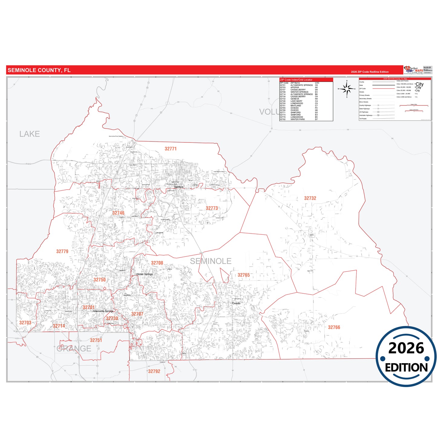 Seminole County, FL Red Line 5 Digit ZIP Code Wall Map