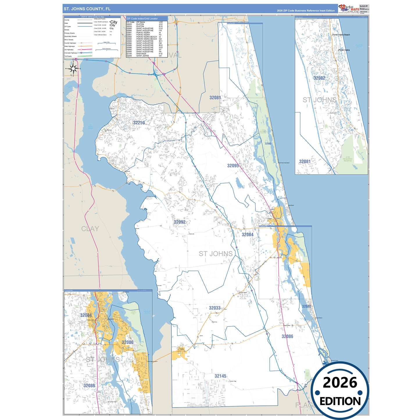 St. Johns County, FL Business Reference 5 Digit ZIP Code Wall Map