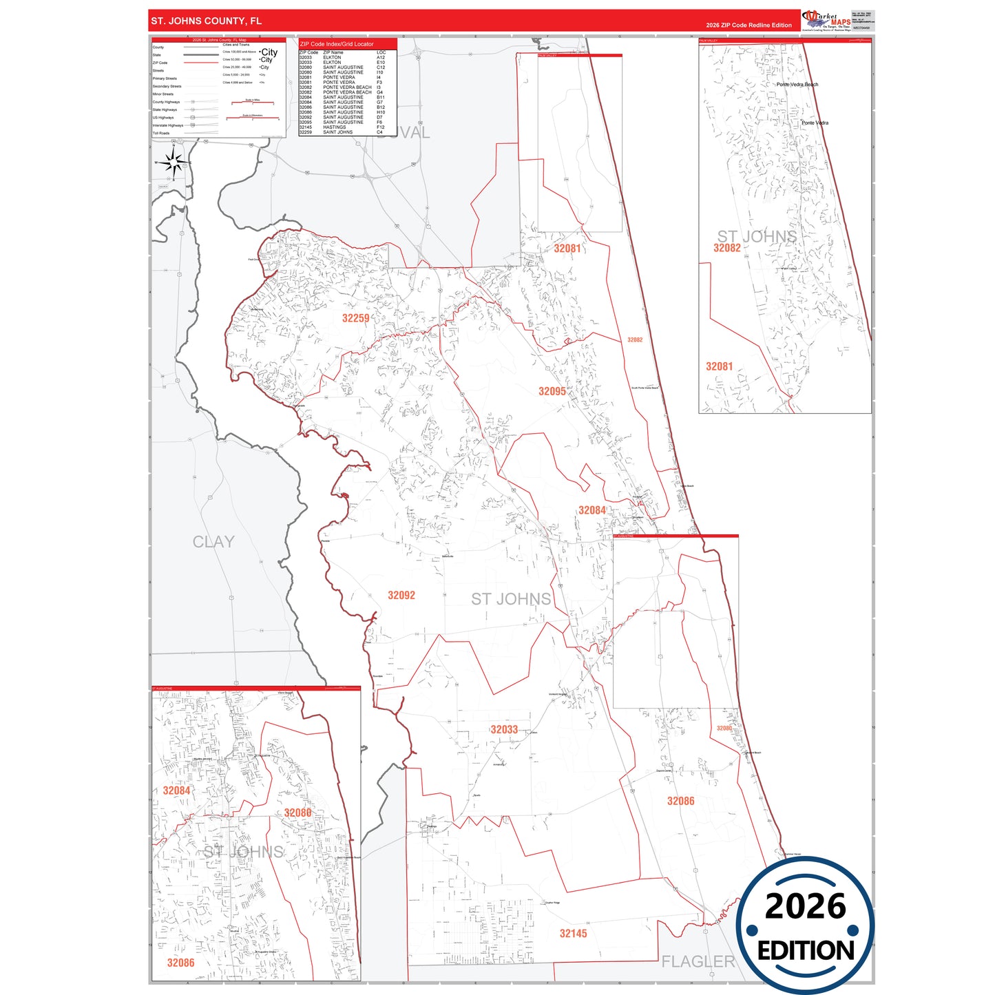 St. Johns County, FL Red Line 5 Digit ZIP Code Wall Map