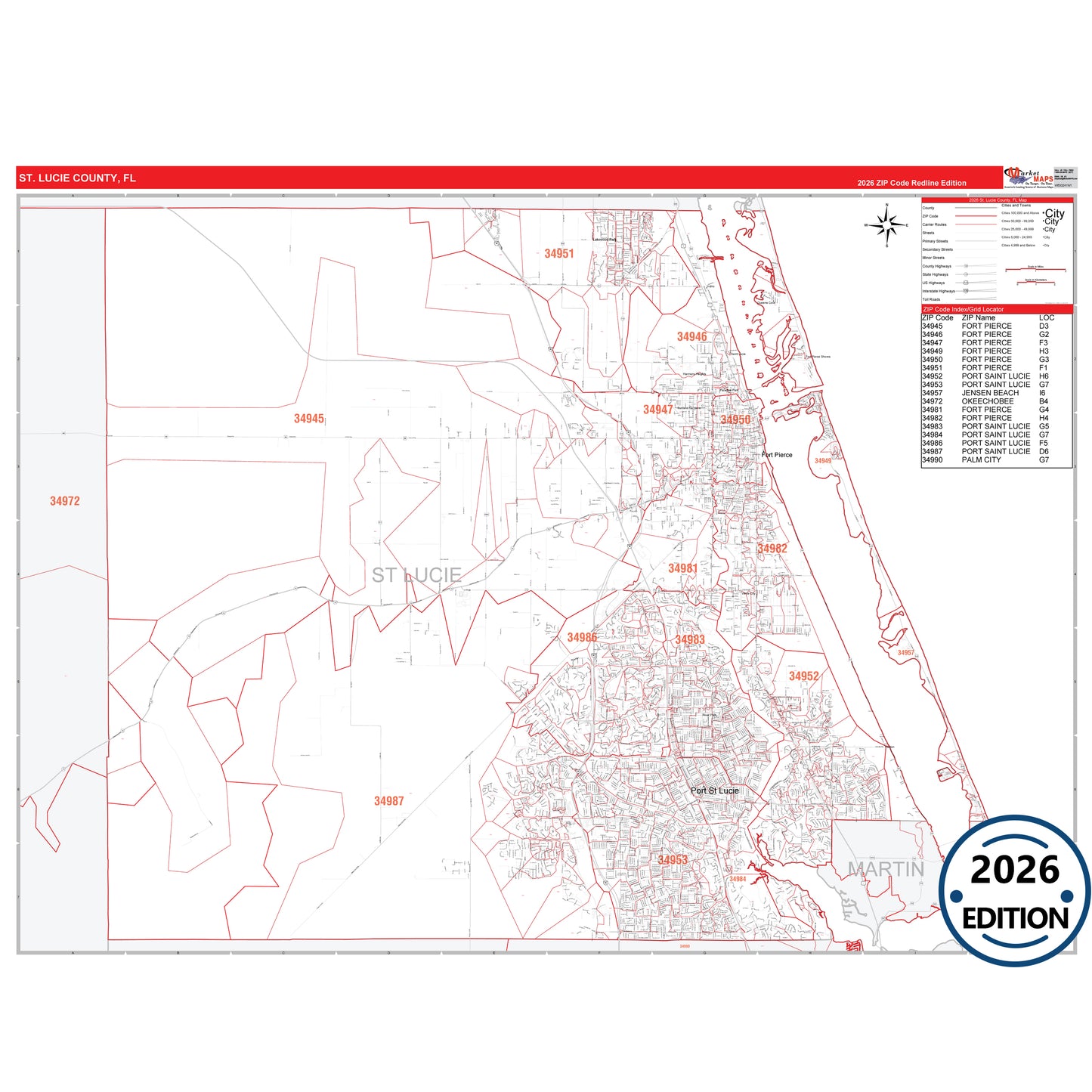 St. Lucie County, FL Red Line 5 Digit ZIP Code Wall Map
