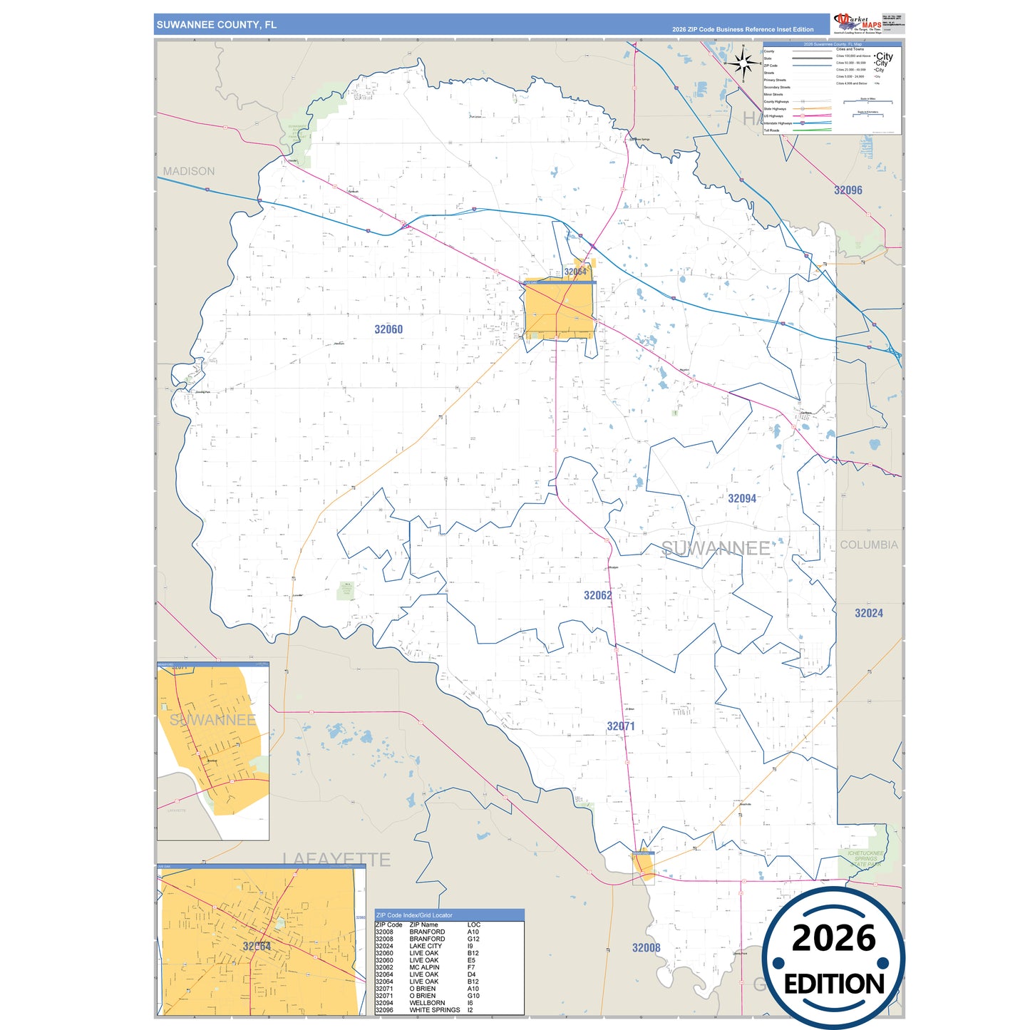 Suwannee County, FL Business Reference 5 Digit ZIP Code Wall Map