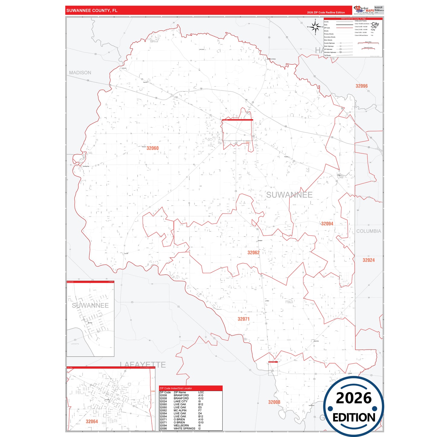 Suwannee County, FL Red Line 5 Digit ZIP Code Wall Map