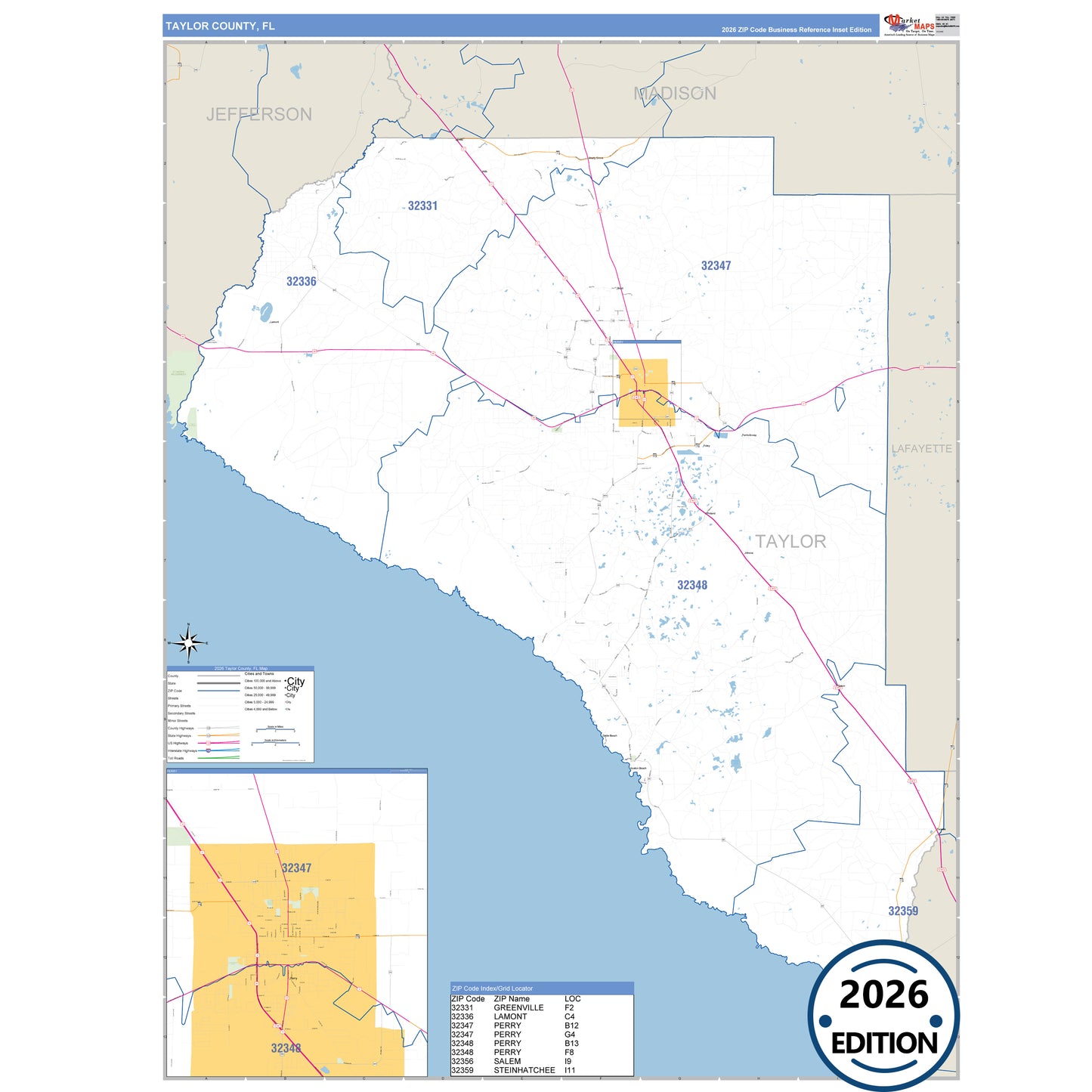 Taylor County, FL Business Reference 5 Digit ZIP Code Wall Map
