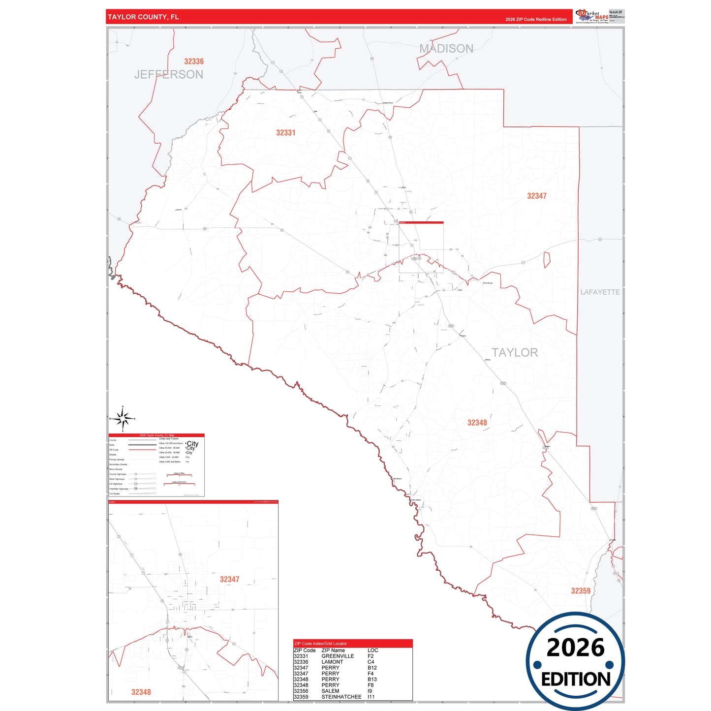 Taylor County, FL Red Line 5 Digit ZIP Code Wall Map