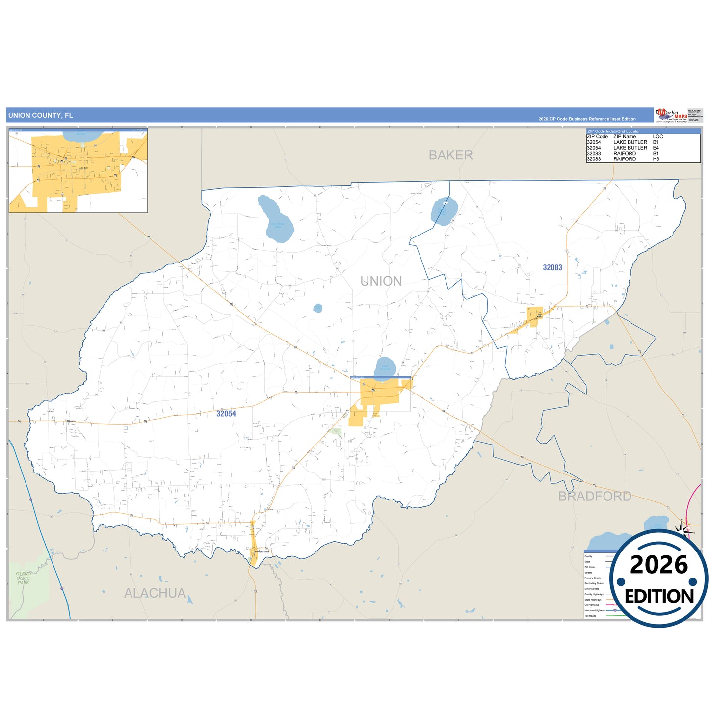 Union County, FL Business Reference 5 Digit ZIP Code Wall Map