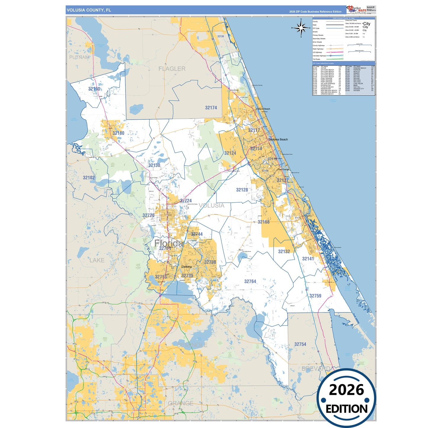 Volusia County, FL Business Reference 5 Digit ZIP Code Wall Map