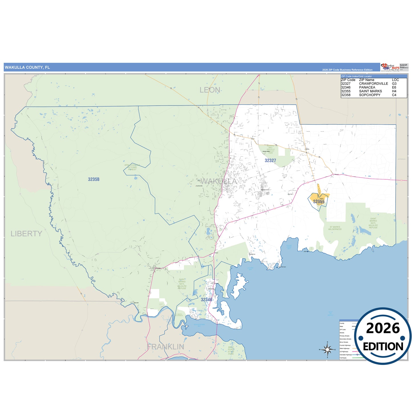 Wakulla County, FL Business Reference 5 Digit ZIP Code Wall Map