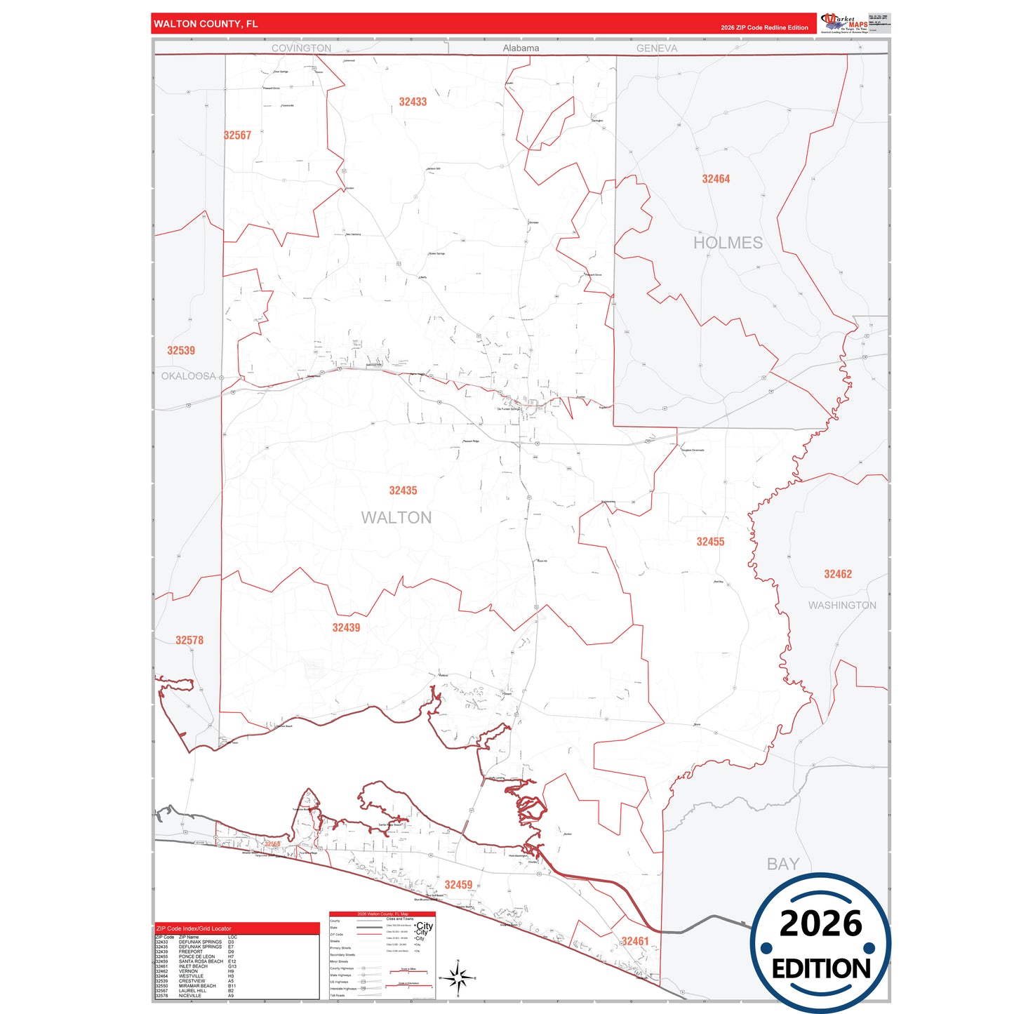 Walton County, FL Red Line 5 Digit ZIP Code Wall Map