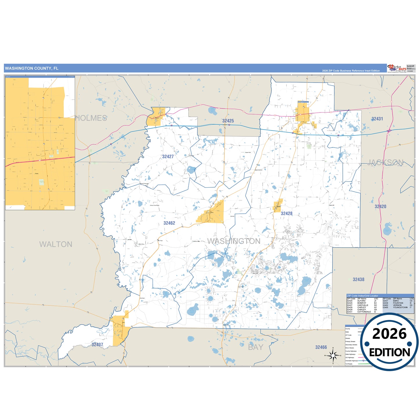 Washington County, FL Business Reference 5 Digit ZIP Code Wall Map