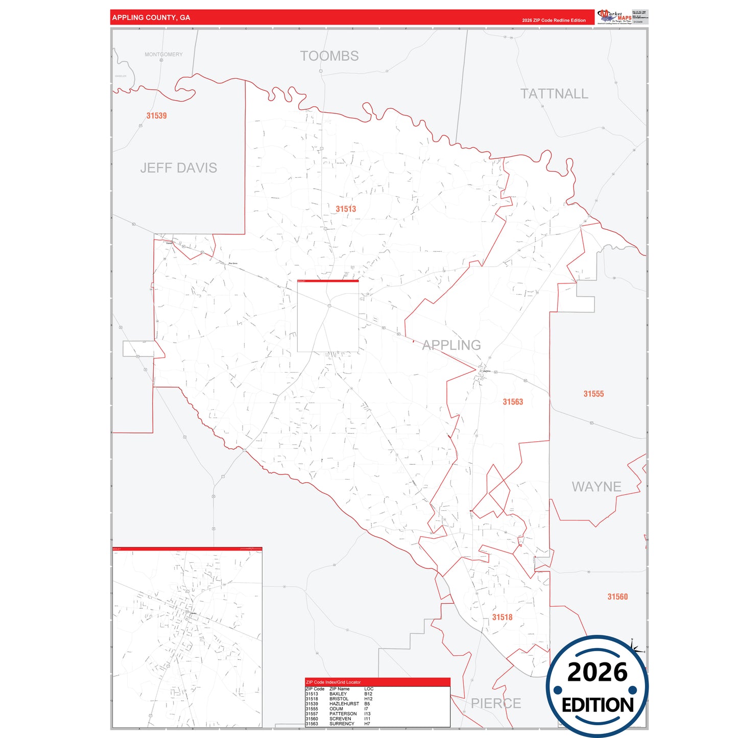 Appling County, GA Red Line 5 Digit ZIP Code Wall Map