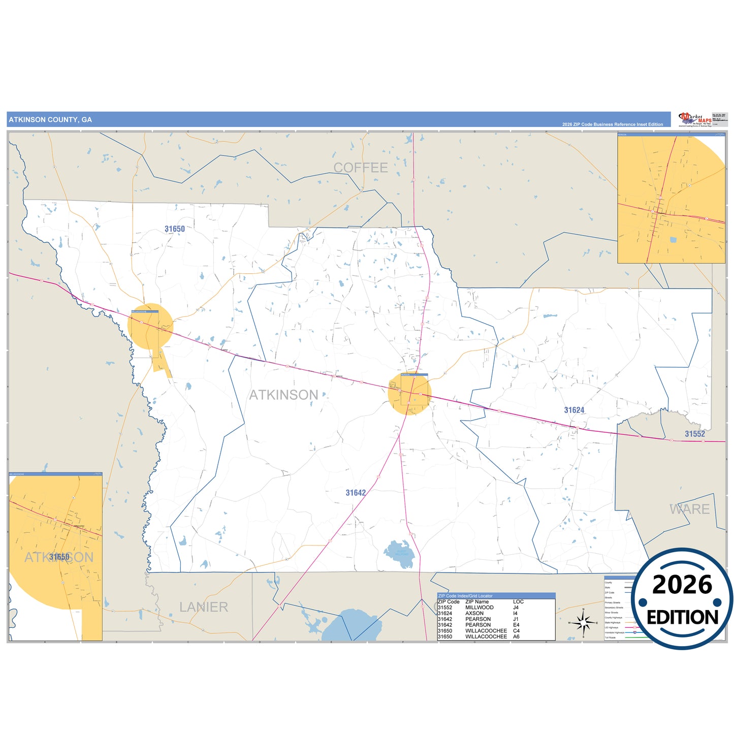 Atkinson County, GA Business Reference 5 Digit ZIP Code Wall Map