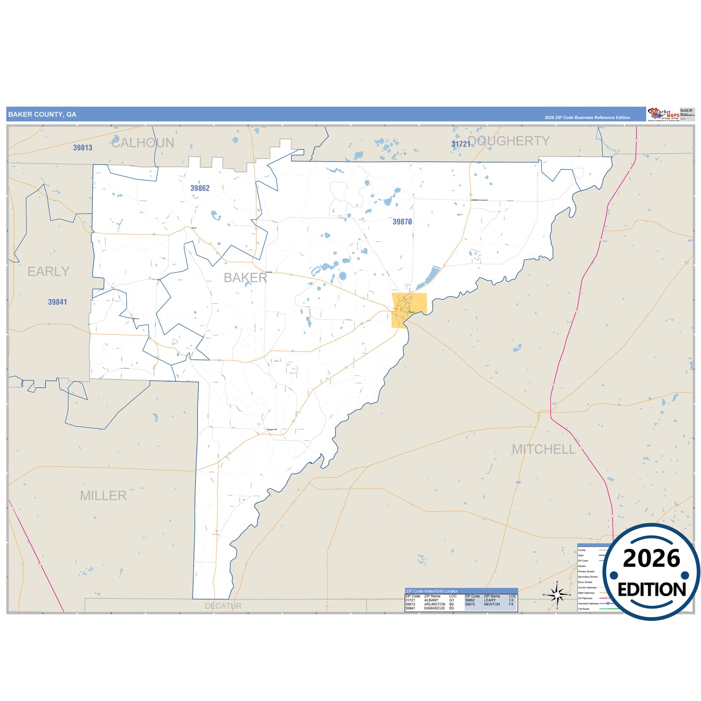 Baker County, GA Business Reference 5 Digit ZIP Code Wall Map