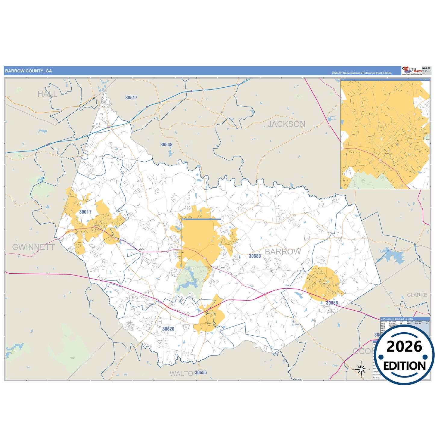 Barrow County, GA Business Reference 5 Digit ZIP Code Wall Map