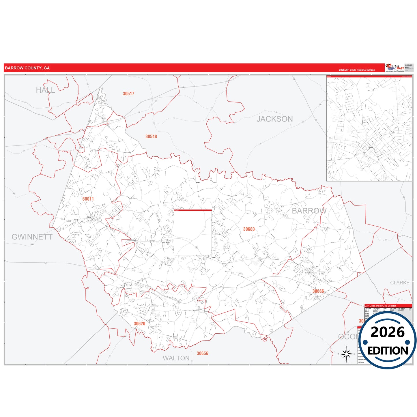 Barrow County, GA Red Line 5 Digit ZIP Code Wall Map