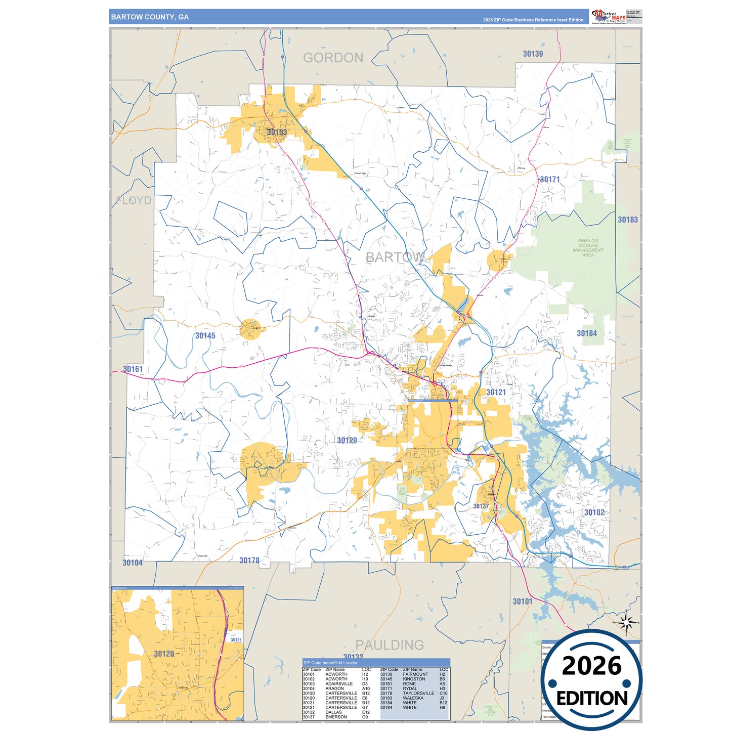 Bartow County, GA Business Reference 5 Digit ZIP Code Wall Map
