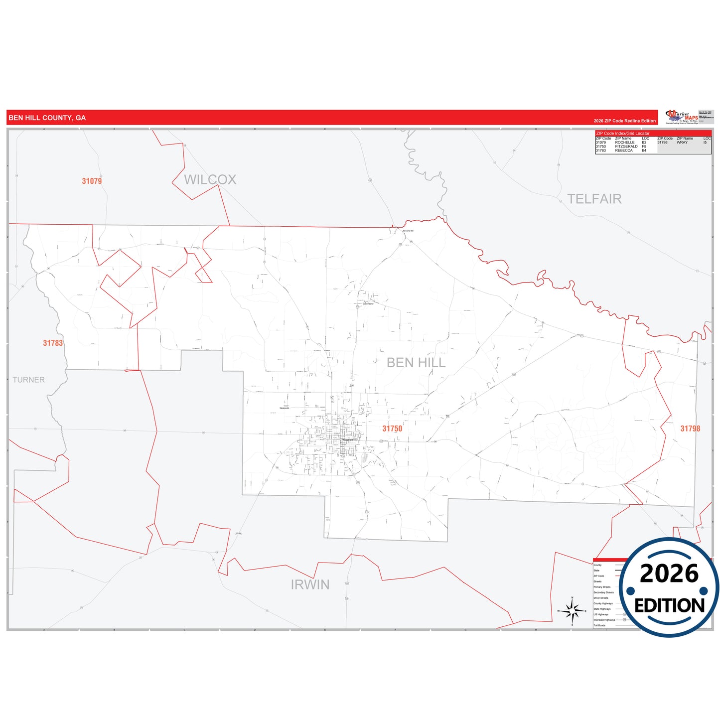 Ben Hill County, GA Red Line 5 Digit ZIP Code Wall Map