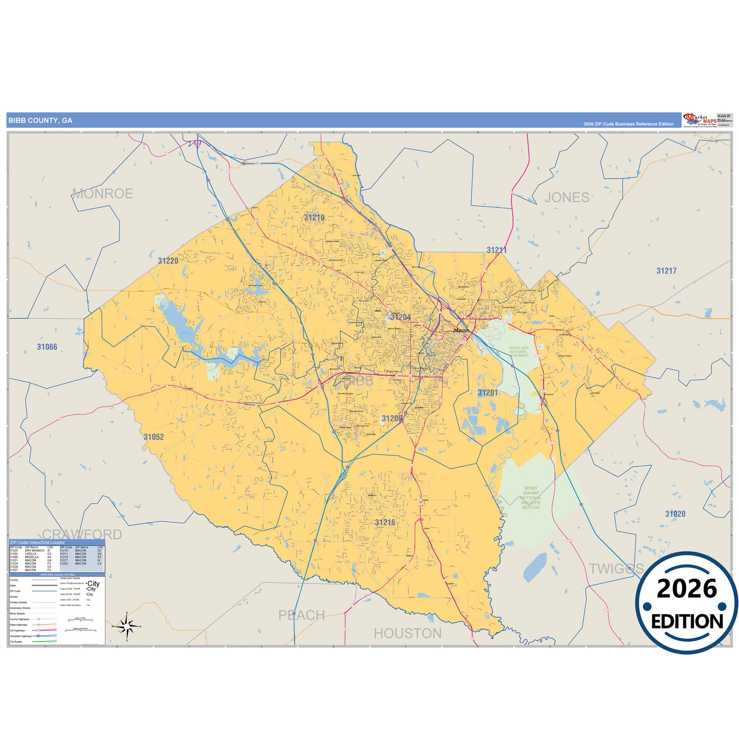 Bibb County, GA Business Reference 5 Digit ZIP Code Wall Map