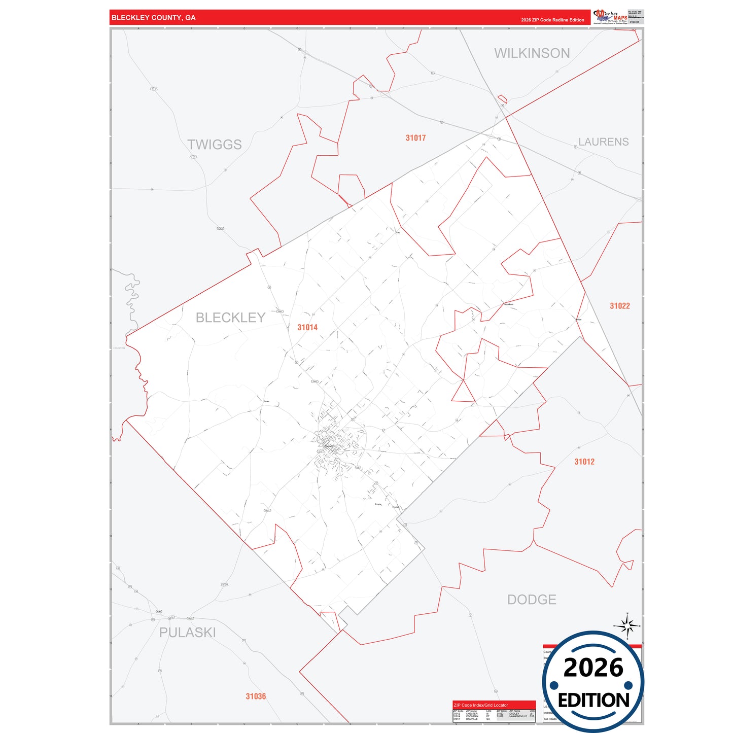 Bleckley County, GA Red Line 5 Digit ZIP Code Wall Map