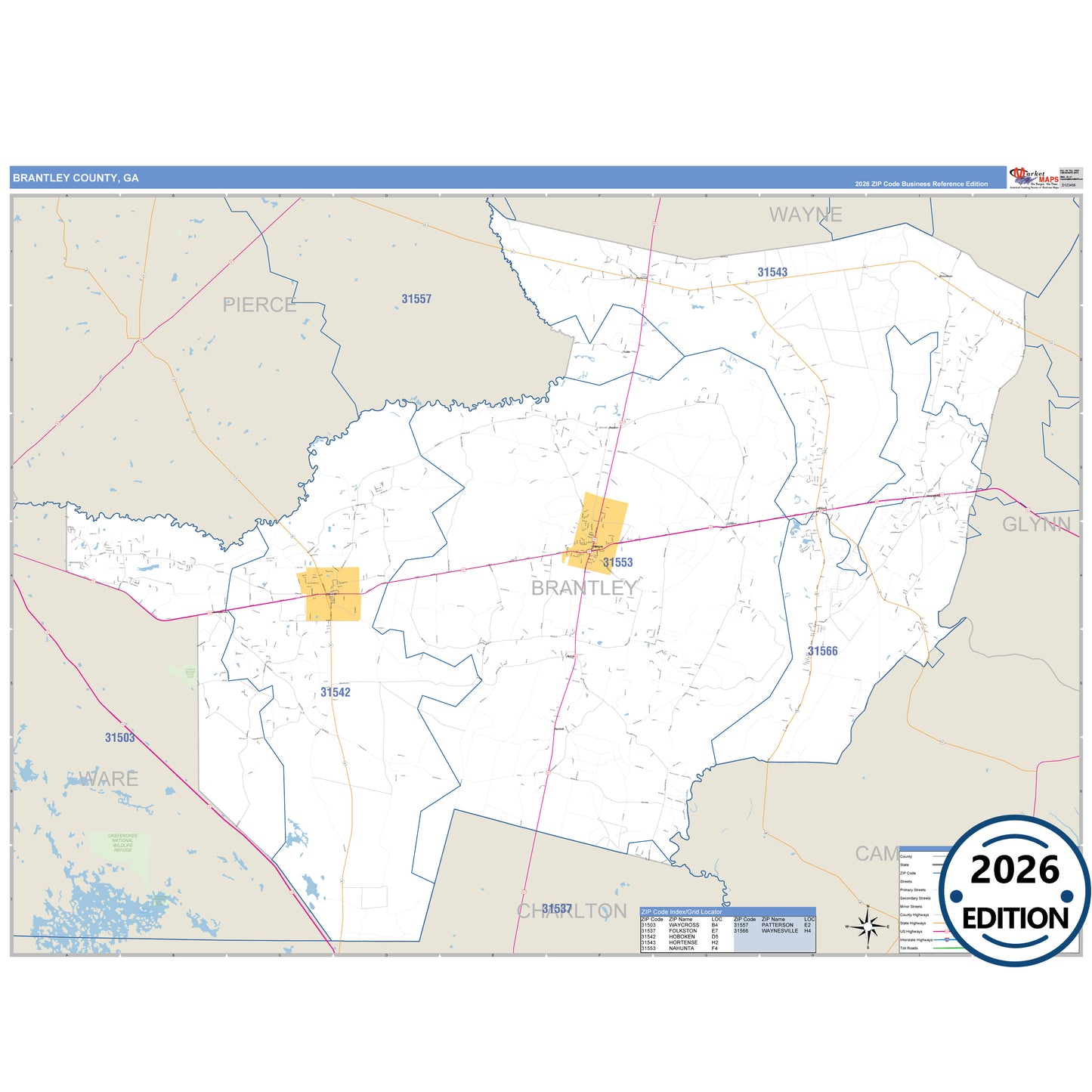 Brantley County, GA Business Reference 5 Digit ZIP Code Wall Map