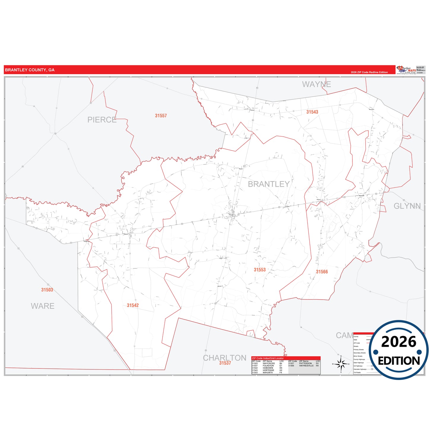 Brantley County, GA Red Line 5 Digit ZIP Code Wall Map