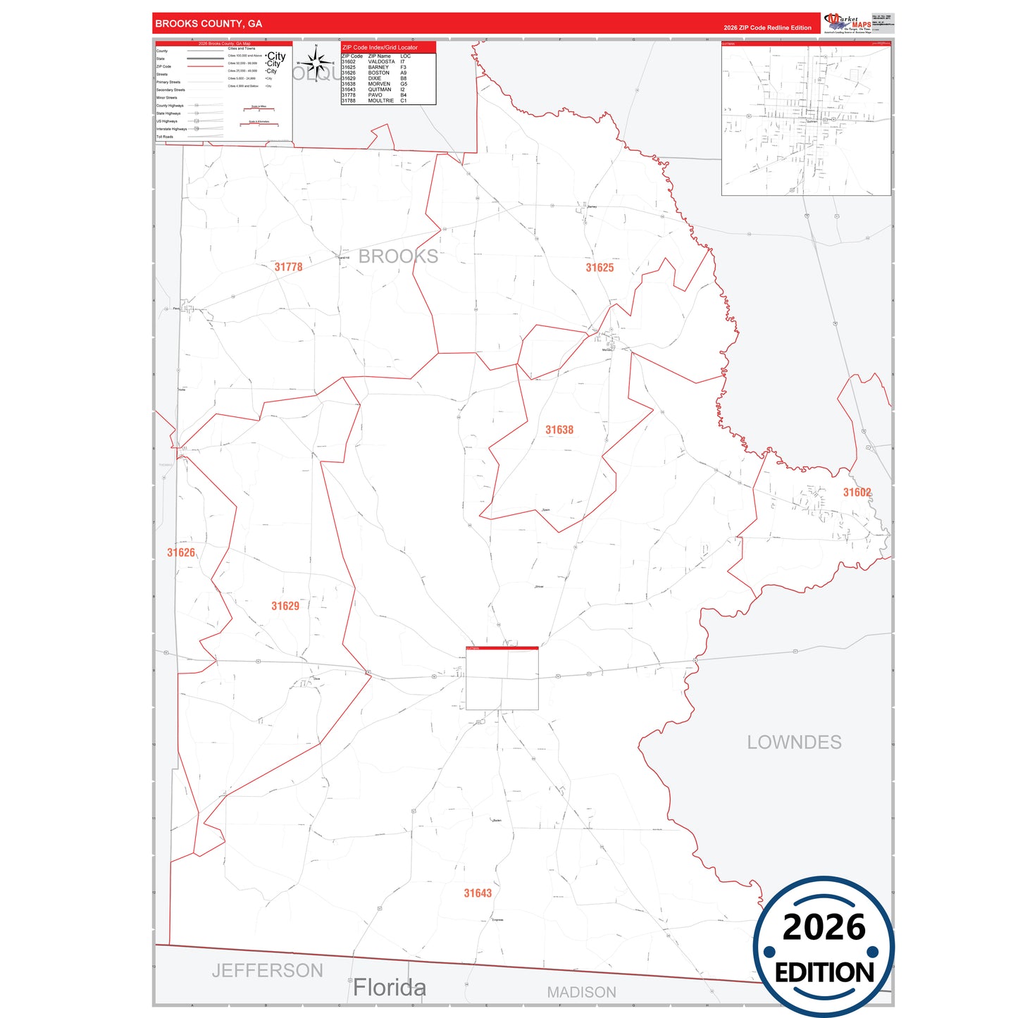 Brooks County, GA Red Line 5 Digit ZIP Code Wall Map