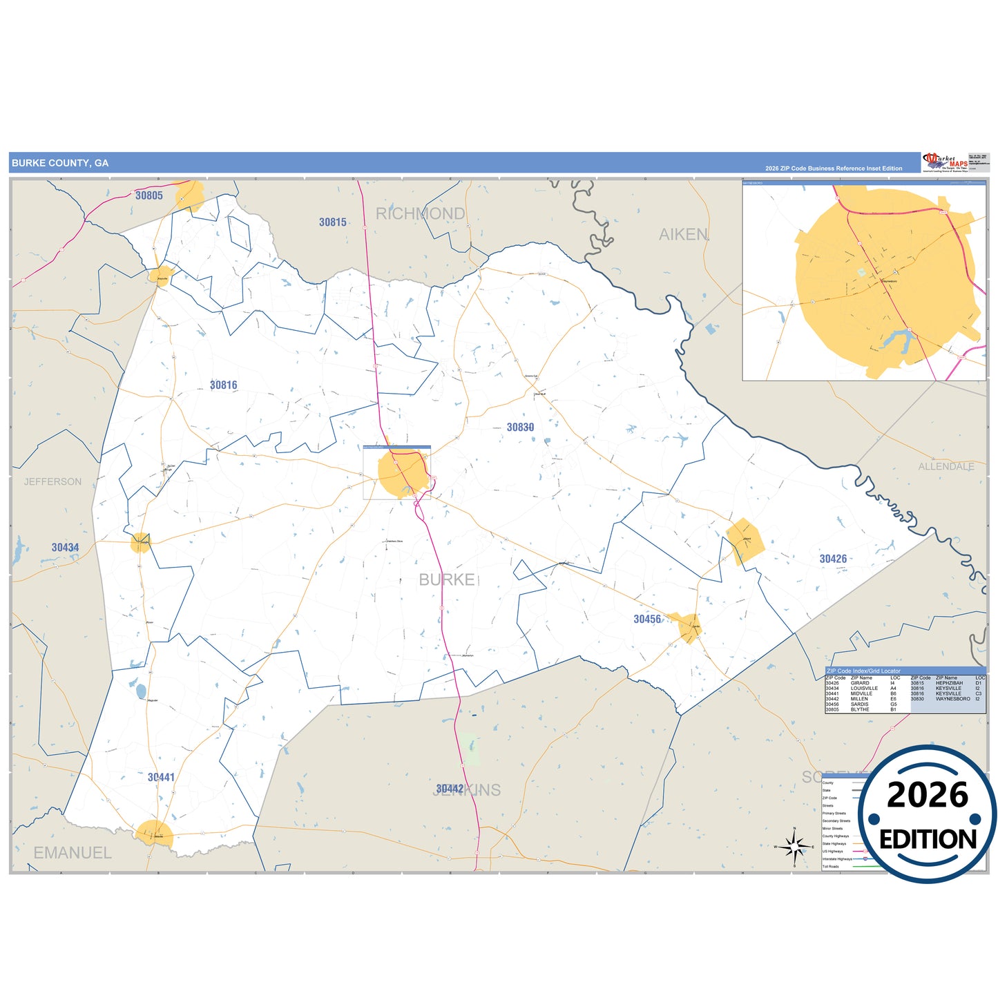 Burke County, GA Business Reference 5 Digit ZIP Code Wall Map