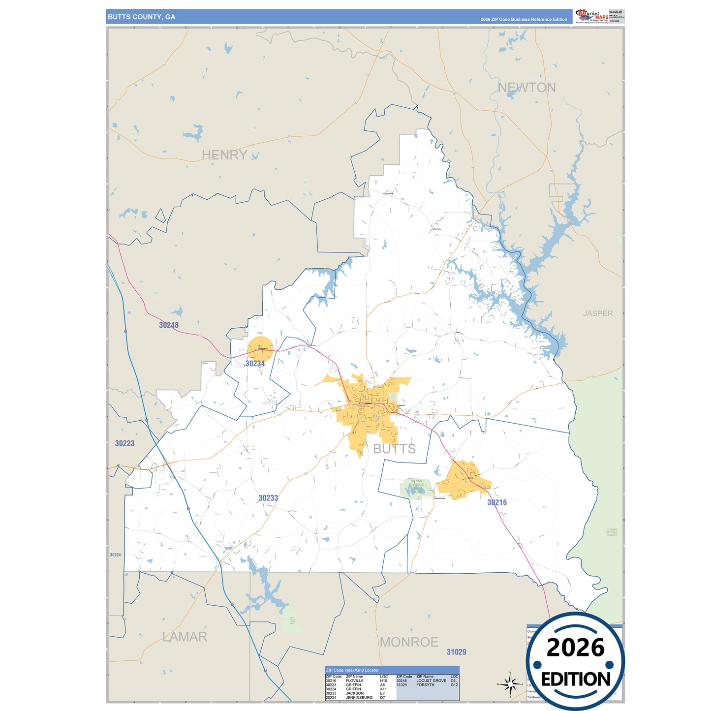 Butts County, GA Business Reference 5 Digit ZIP Code Wall Map