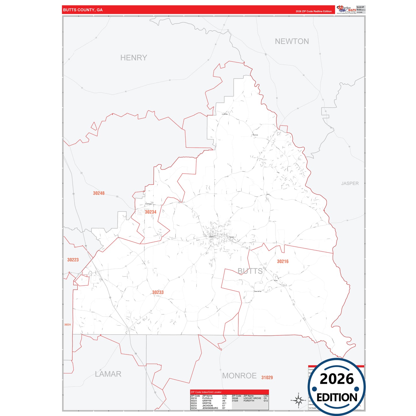 Butts County, GA Red Line 5 Digit ZIP Code Wall Map