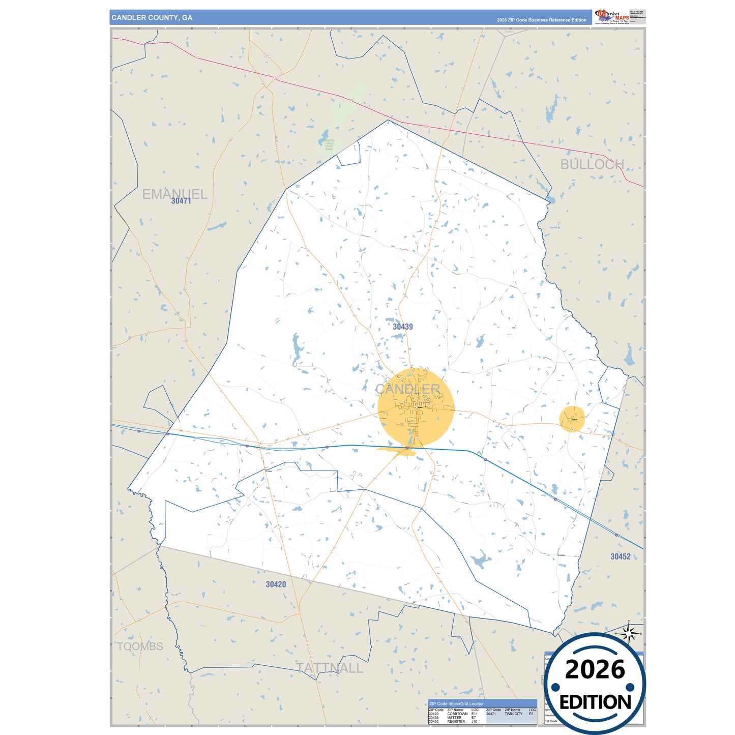 Candler County, GA Business Reference 5 Digit ZIP Code Wall Map