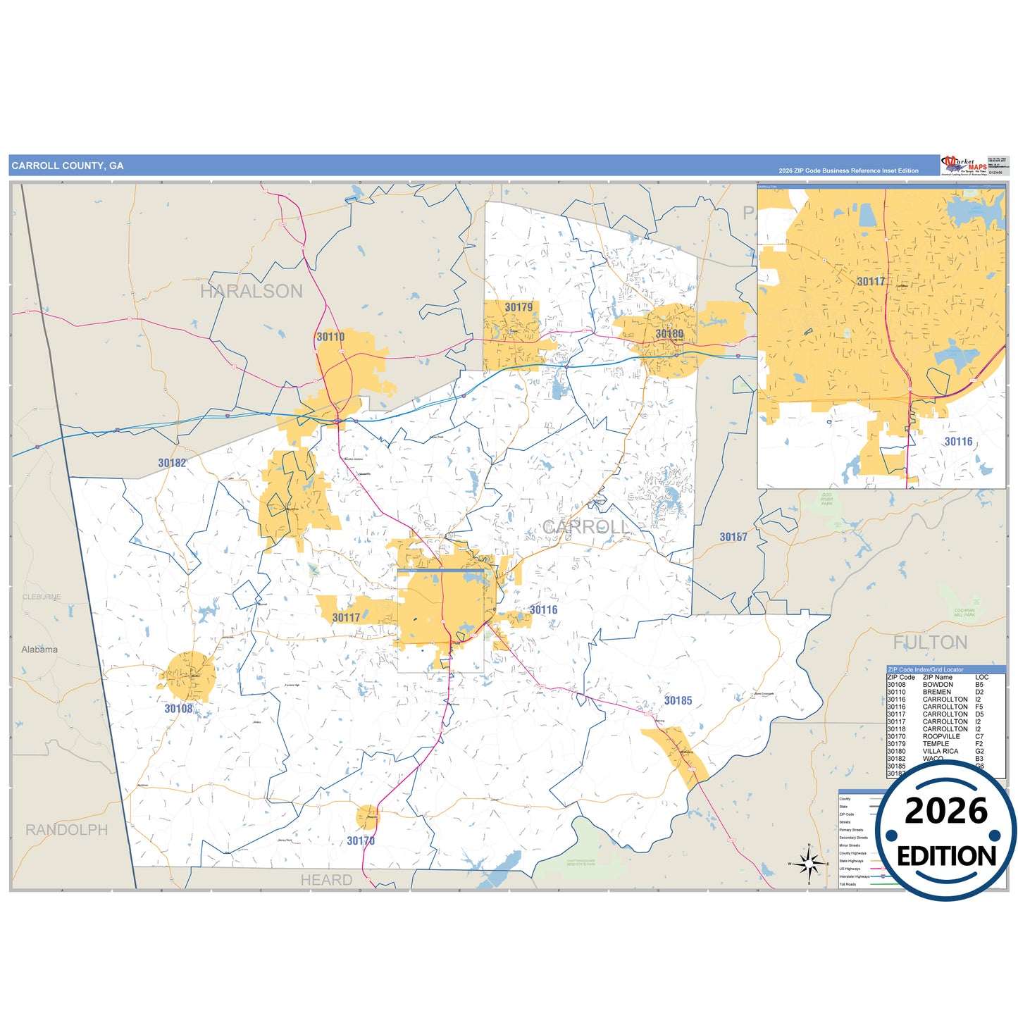 Carroll County, GA Business Reference map with detailed roads, cities, and ZIP code boundaries.
