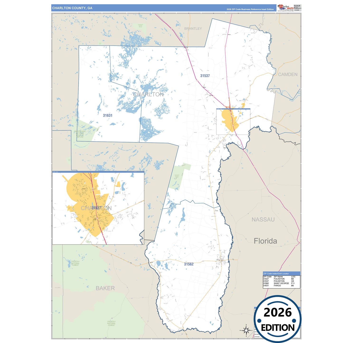 Charlton County, GA Business Reference 5 Digit ZIP Code Wall Map