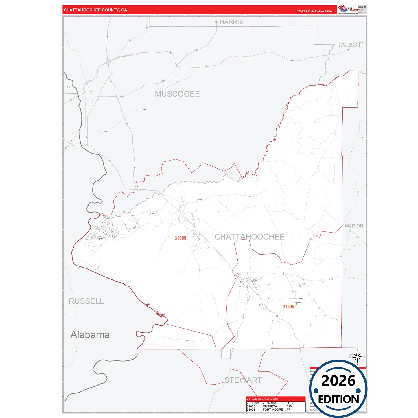 Chattahoochee County, GA Red Line 5 Digit ZIP Code Wall Map