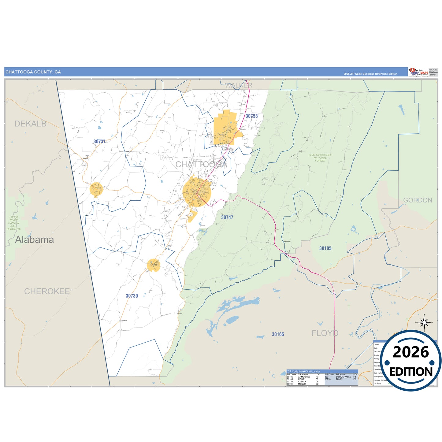 Chattooga County, GA Business Reference 5 Digit ZIP Code Wall Map