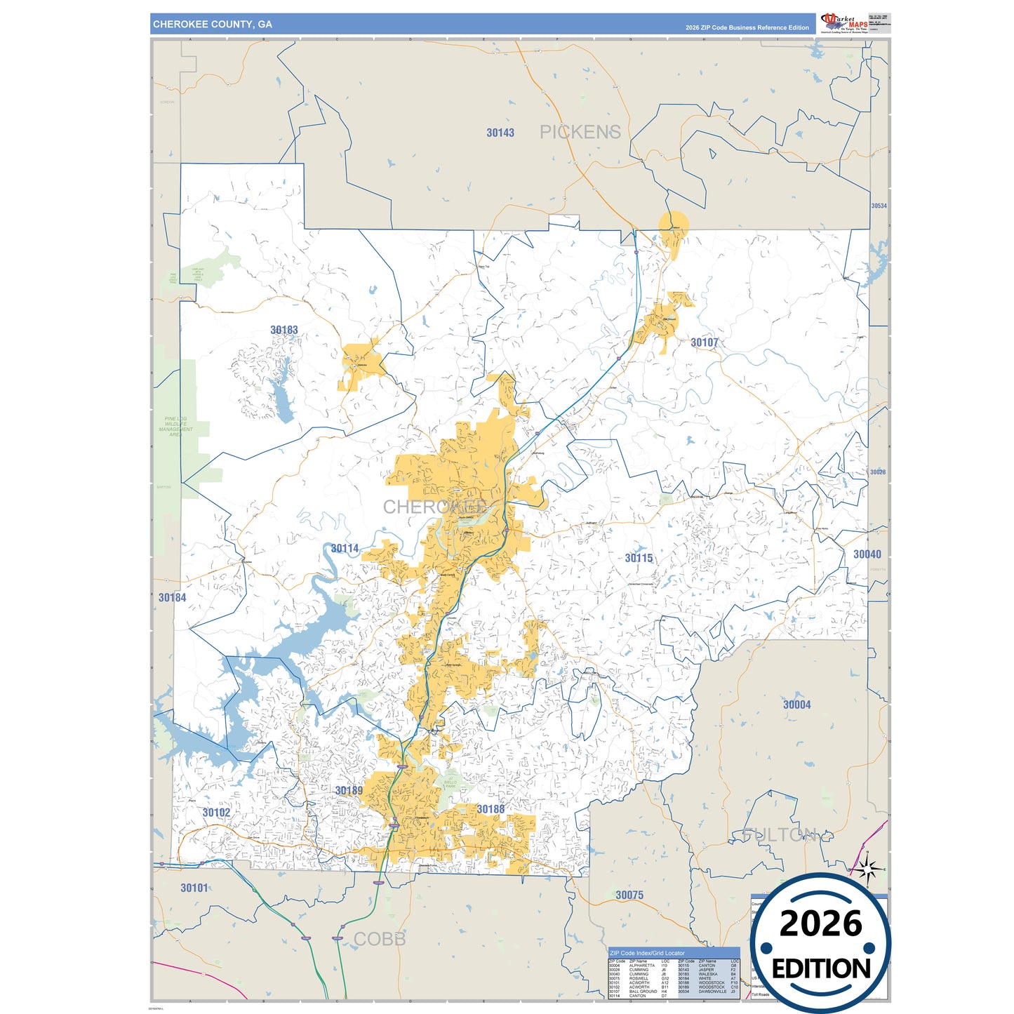 Cherokee County, GA Business Reference 5 Digit ZIP Code Wall Map