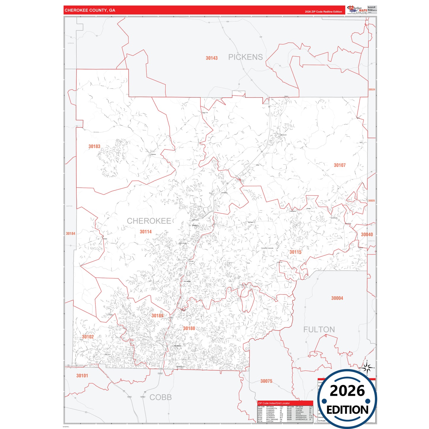 Cherokee County, GA Red Line 5 Digit ZIP Code Wall Map