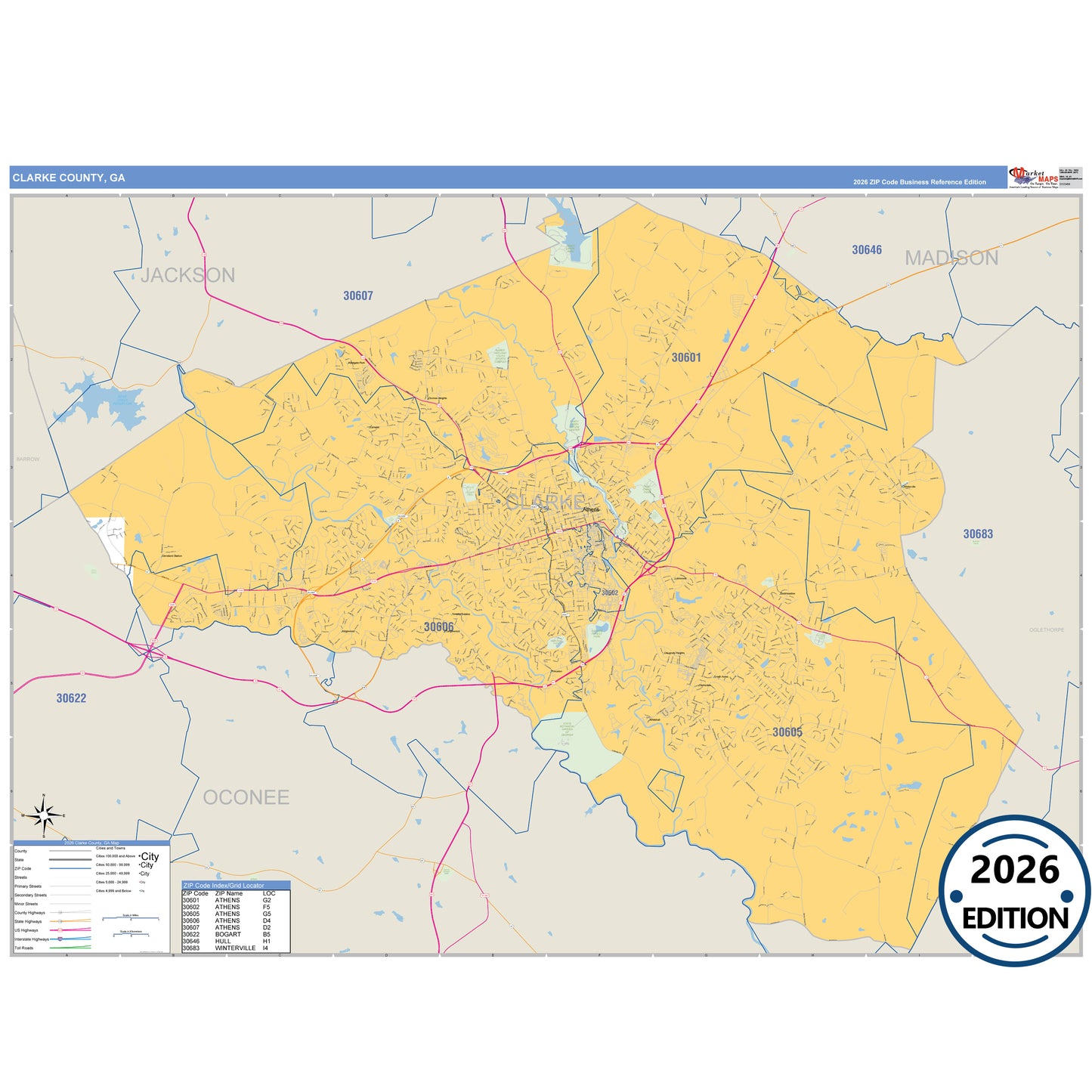 Clarke County, GA Business Reference 5 Digit ZIP Code Wall Map