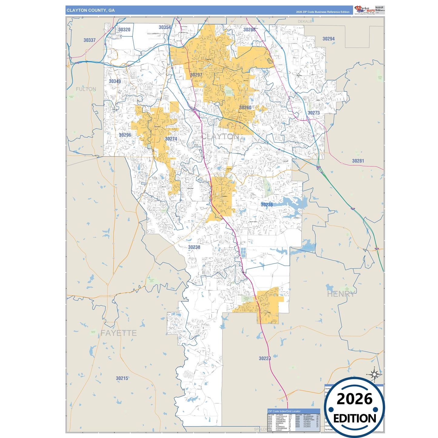 Clayton County, GA Business Reference 5 Digit ZIP Code Wall Map