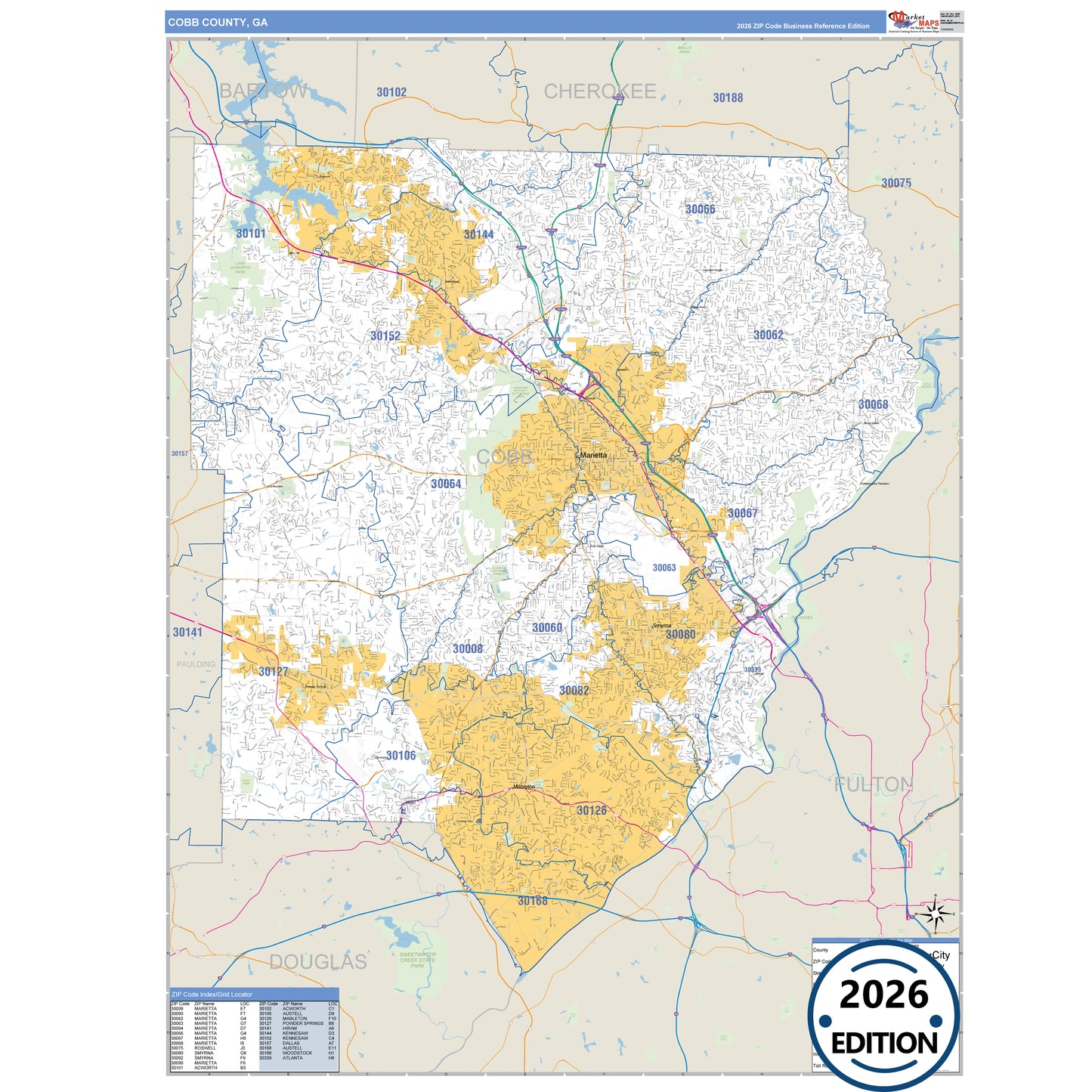 Cobb County, GA Business Reference map with detailed roads, cities, and ZIP code boundaries.