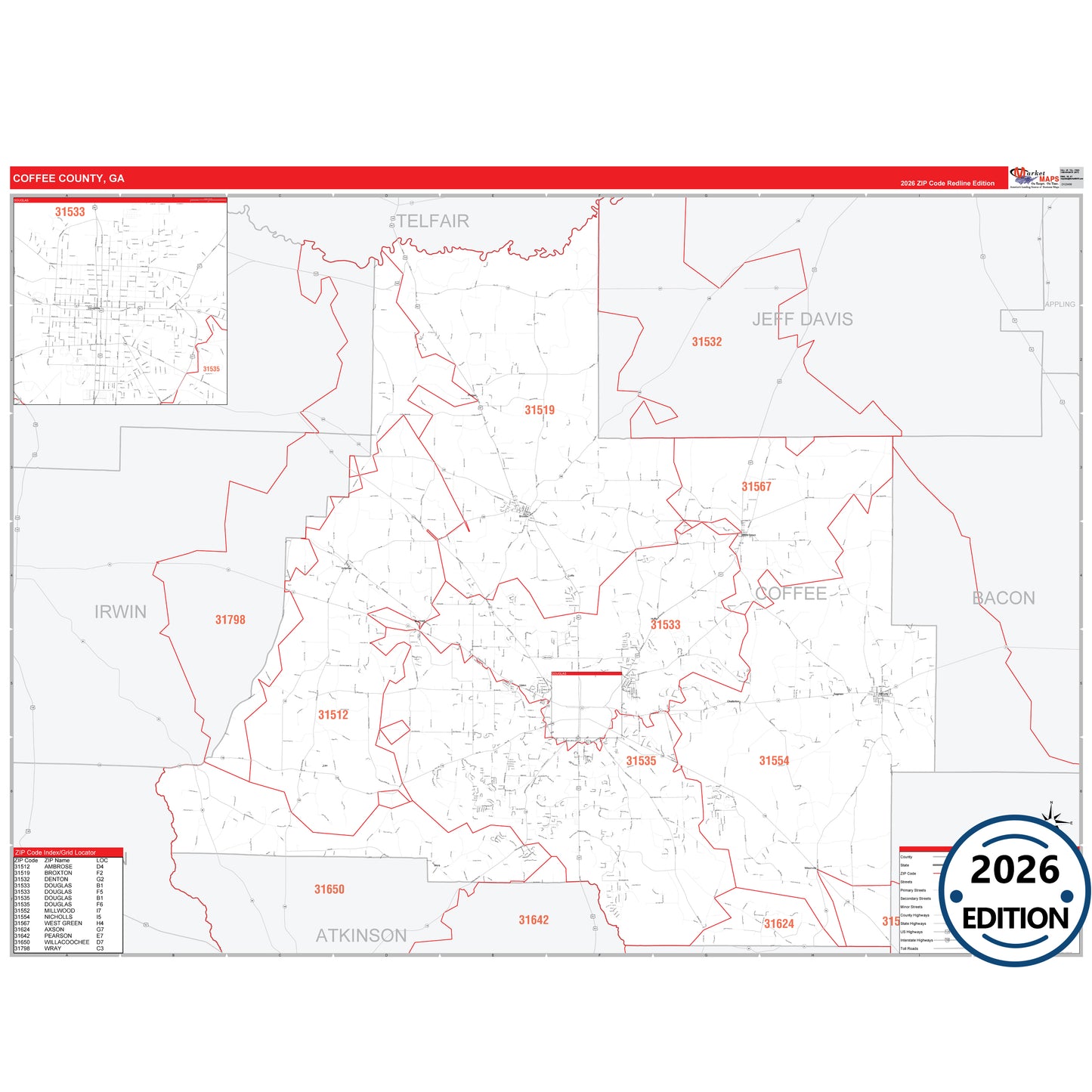 Coffee County, GA Red Line 5 Digit ZIP Code Wall Map