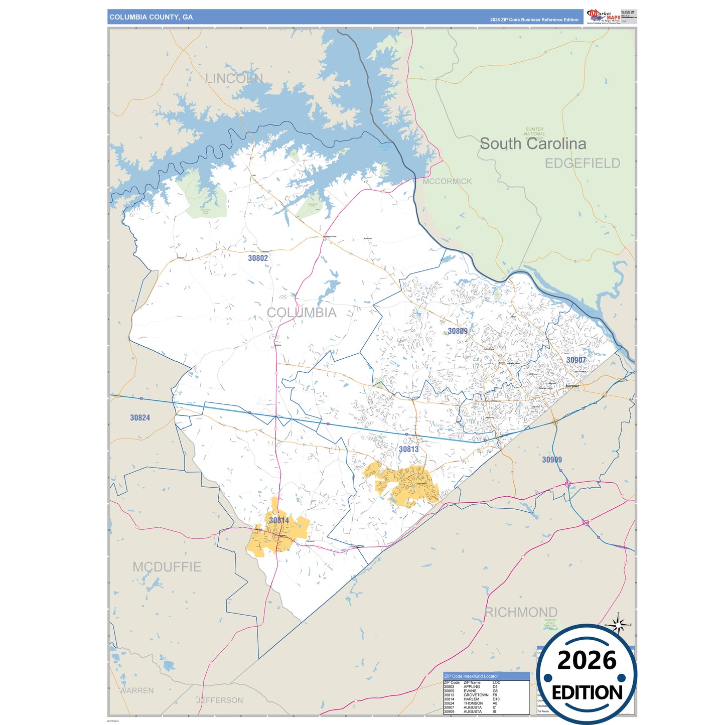 Columbia County, GA Business Reference 5 Digit ZIP Code Wall Map